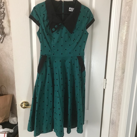 hell bunny green polka dot dress Hell Bunny Teal and Black Jessica Dress – Unique Vintage